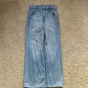Uniqlo Light Blue Wide Leg Flared High Waisted Jeans Silver Button Size Small